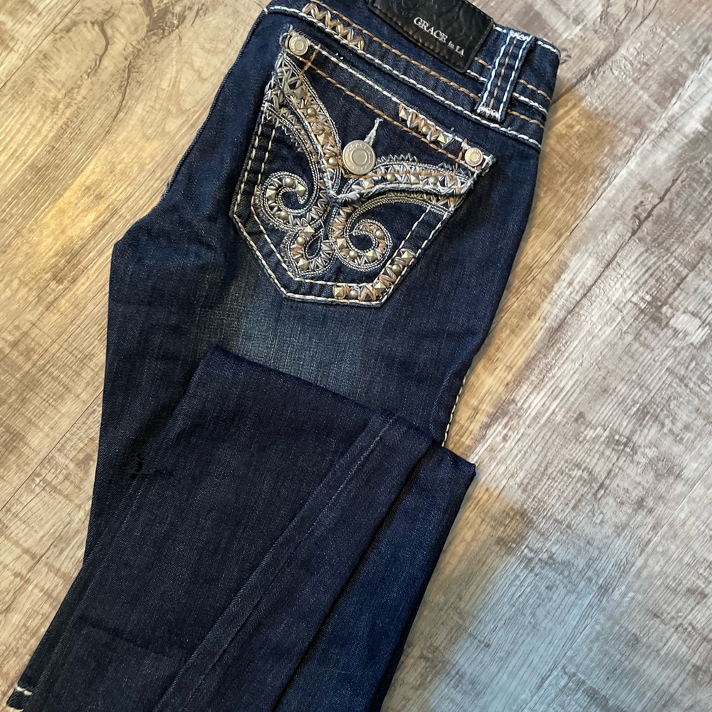 Grace Women's Dark Blue Boot Cut Jeans with Embellished Pockets
